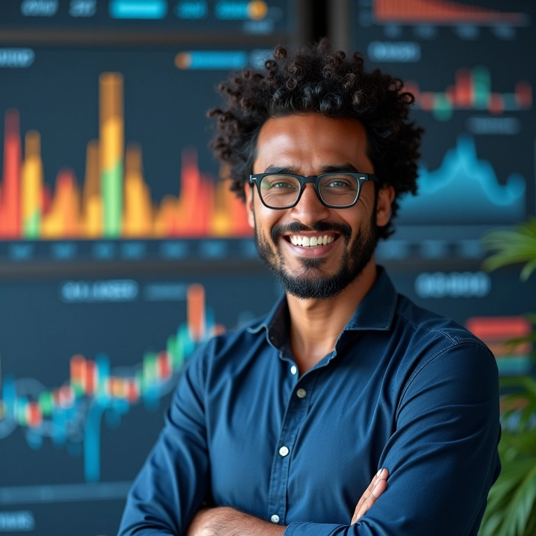 Índices de Rentabilidade Descubra o Quão Lucrativa é Sua Empresa Empresário brasileiro sorrindo em frente a dashboard financeiro com indicadores de crescimento.