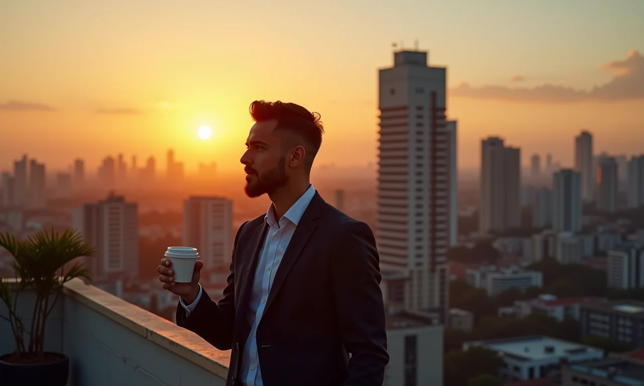 Empresário contemplando a vista de São Paulo ao pôr do sol.