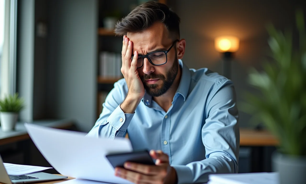 Empresário preocupado olhando para nota fiscal eletrônica com erros e calculadora.