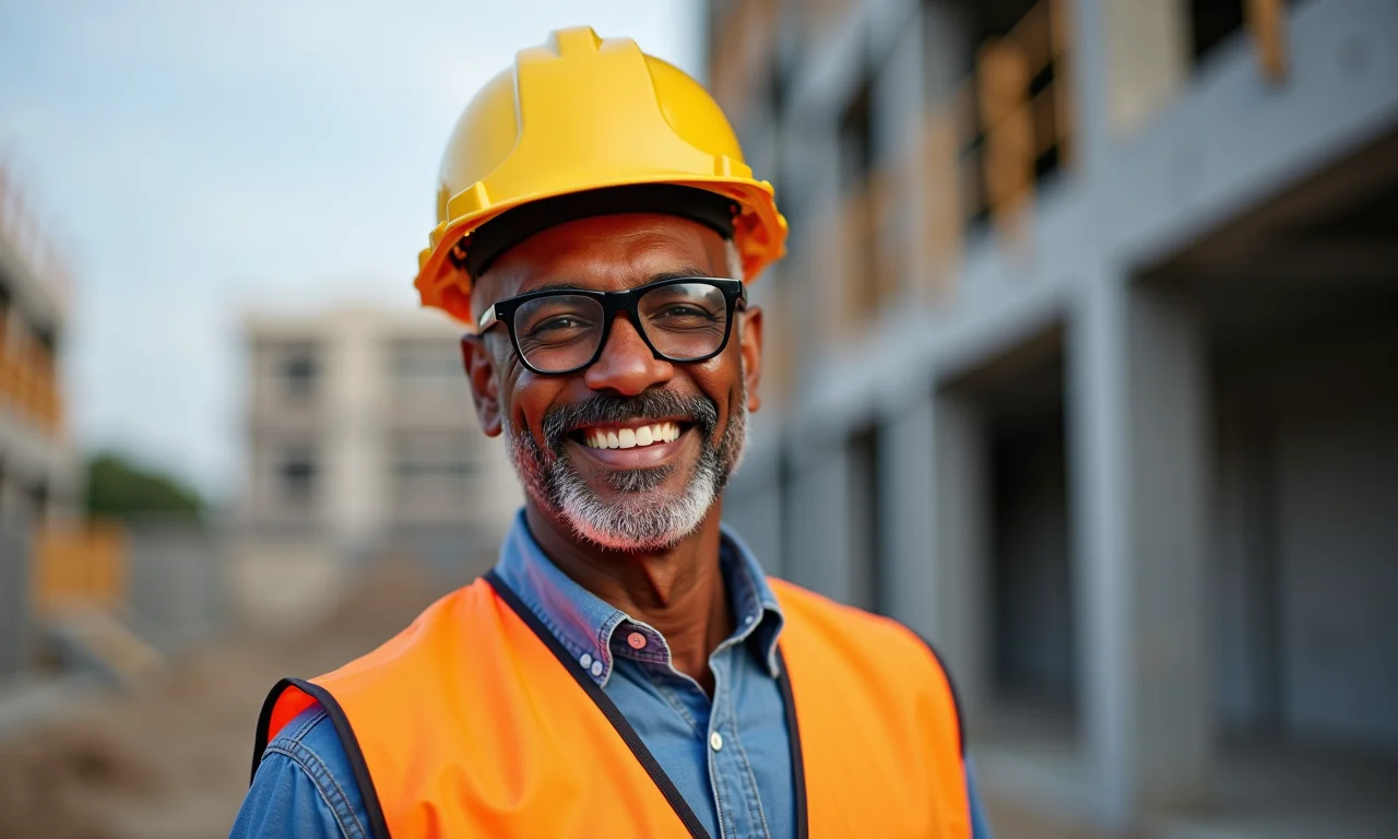 Engenheiro brasileiro sorrindo em obra após anos de contribuição.