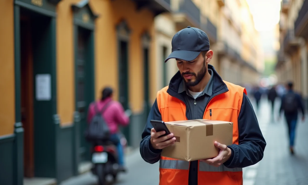 Entregador rastreando pacote em tempo real com smartphone durante entrega em SP.