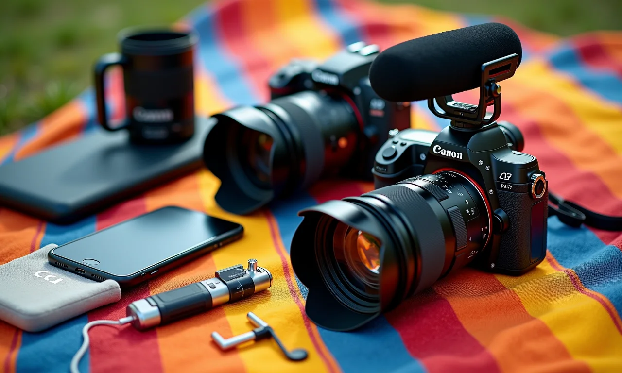 Equipamentos variados para produção de vídeo de marketing.