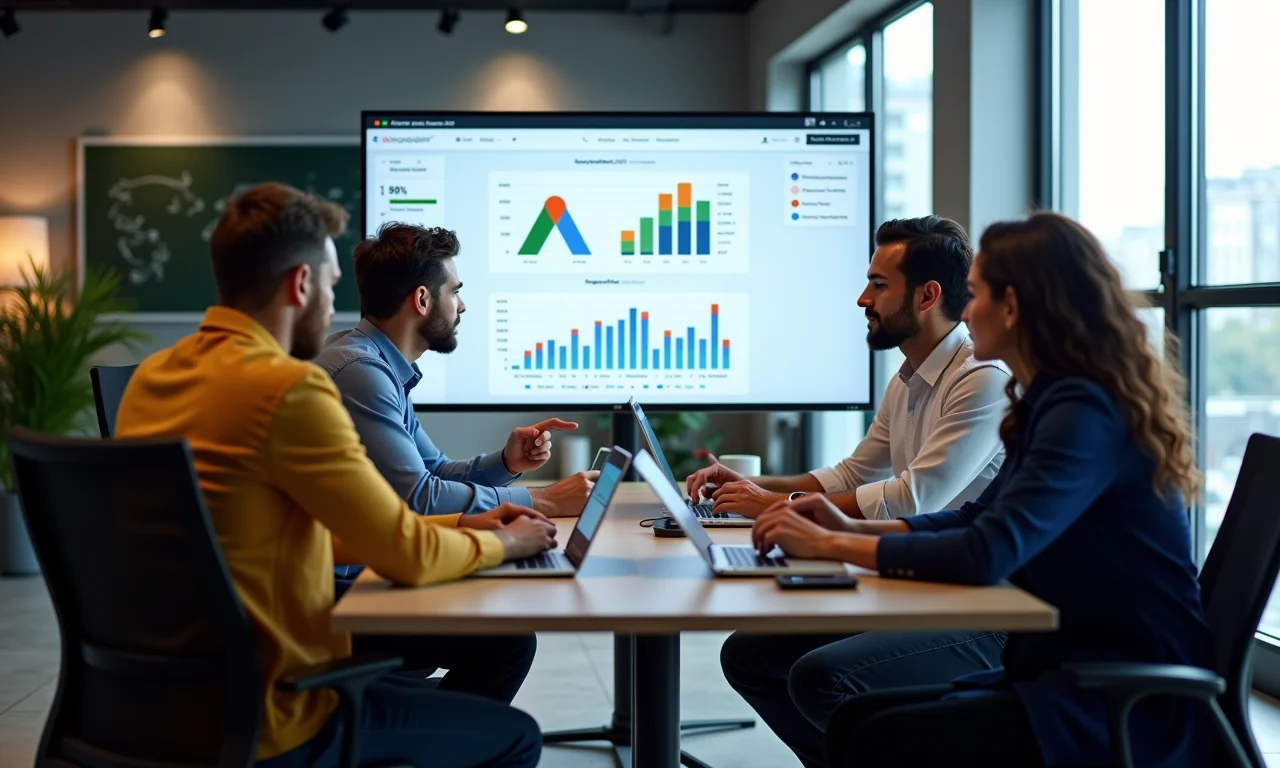 Equipe analisando anúncios Google e redes sociais.