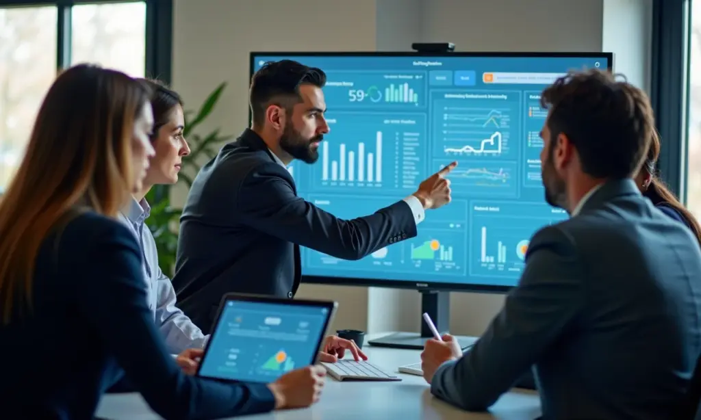 Ofereça Descontos Estrategicamente nos Momentos Certos Com IA Equipe analisando dados de descontos estratégicos com IA.