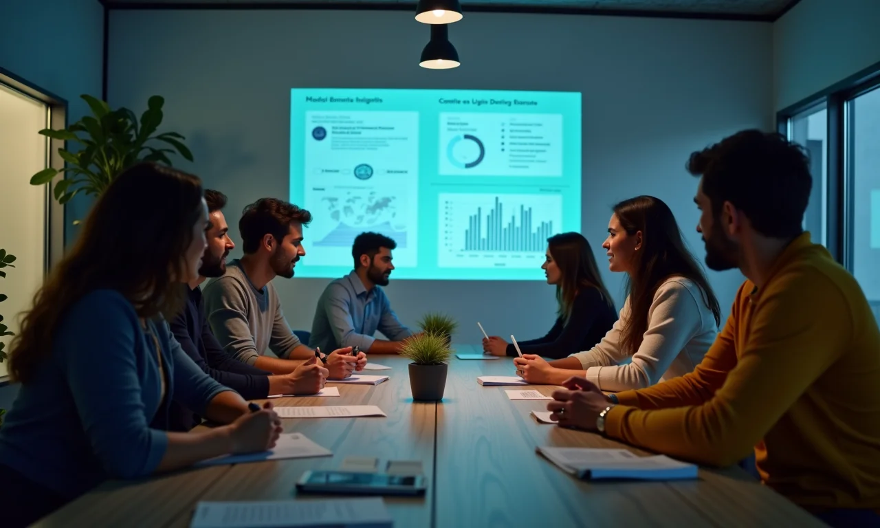 Equipe analisando dados de sentimento com IA em projeção em escritório moderno.