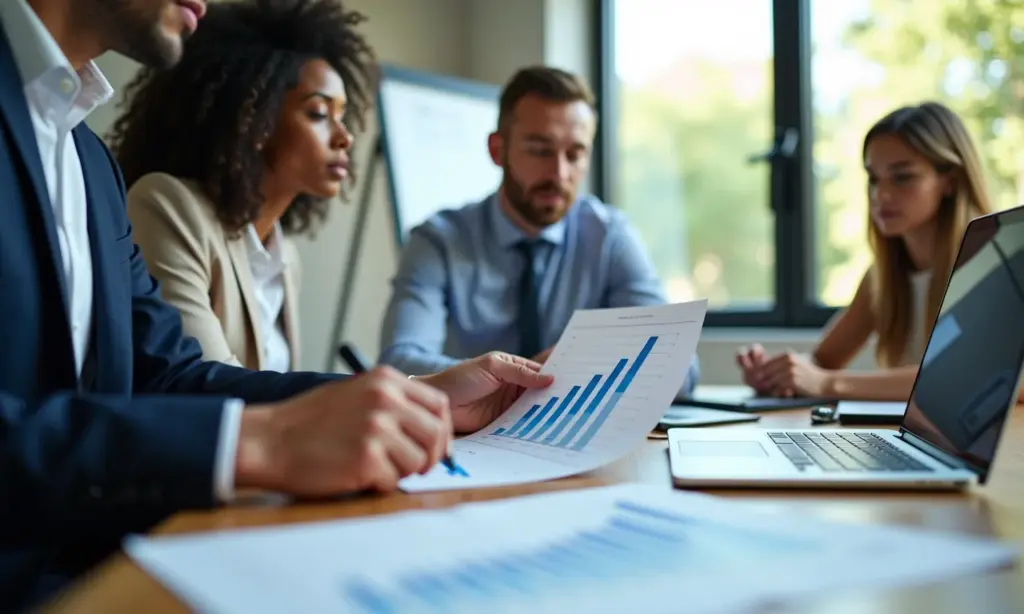 Equipe analisando gráficos de redução de devoluções em e-commerce.