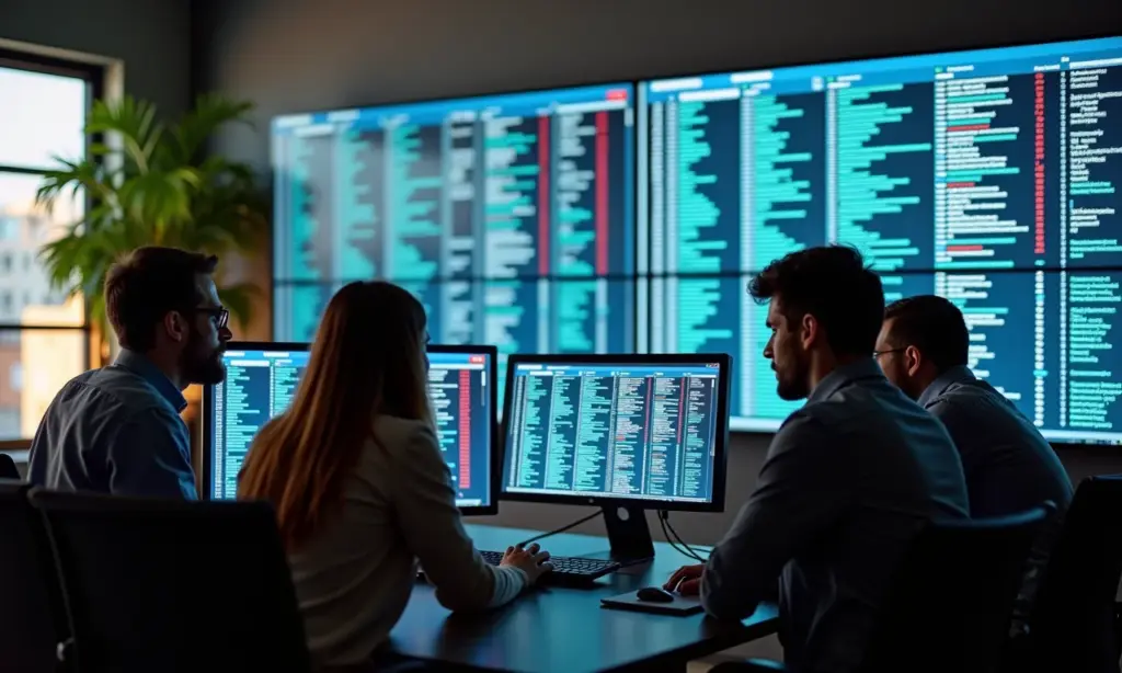 Reforce a Segurança do Seu Ecommerce Com Análise de Logs de Firewall IA Equipe brasileira analisando logs de firewall para segurança de e-commerce.