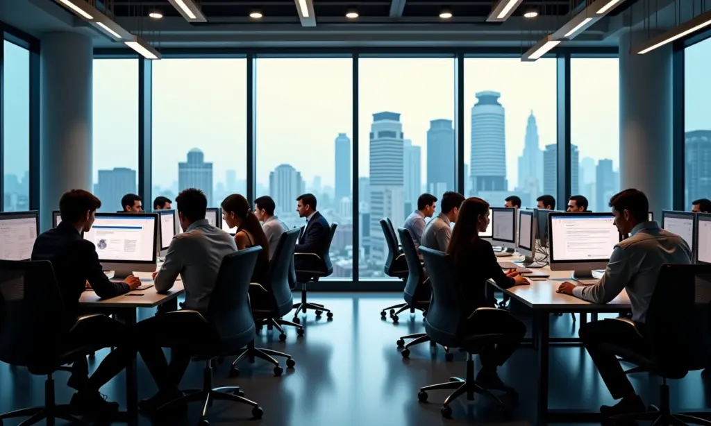 SEO para Notícias em SP Destaque Seu Conteúdo Jornalístico Equipe de jornalistas trabalhando em redação em São Paulo, com cityscape ao fundo.