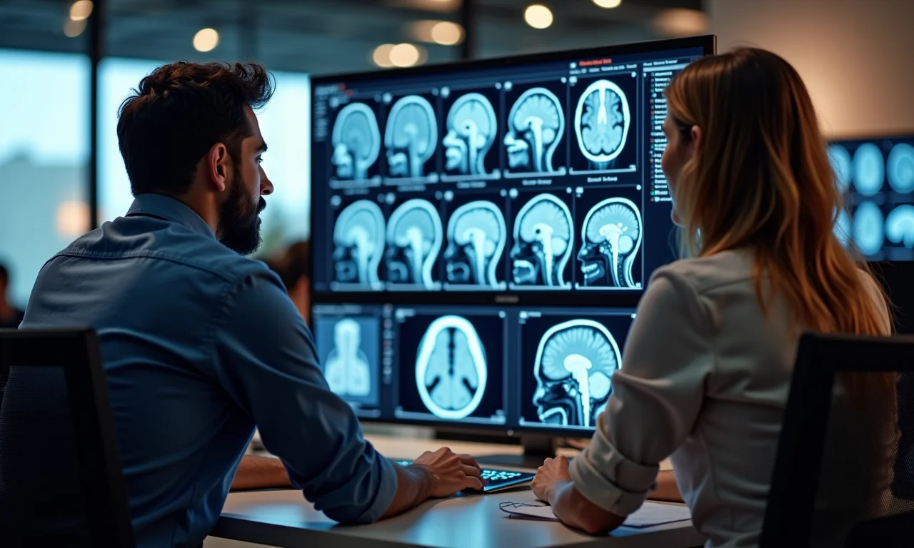 Equipe de marketing analisa imagens de ressonância magnética funcional.