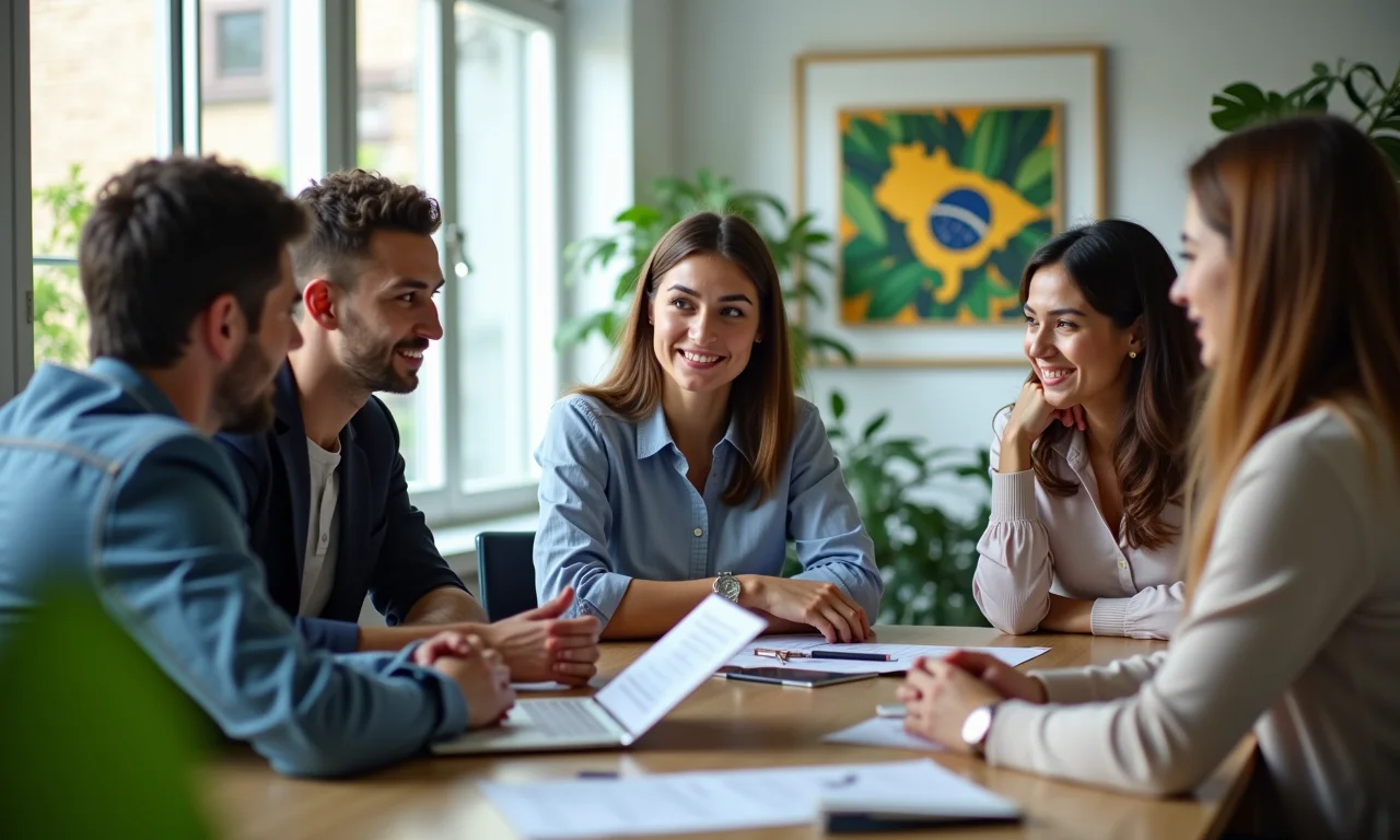 Equipe discutindo política de privacidade de dados em escritório decorado com arte brasileira.