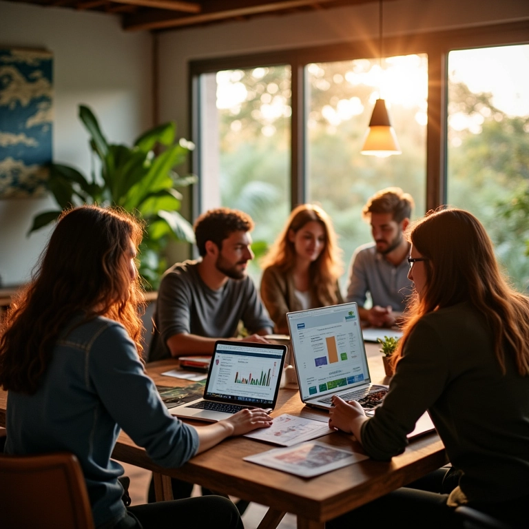 Descubra Seus Produtos Mais Lucrativos e Otimize o Foco Com IA Equipe diversa analisando dados com IA em escritório vibrante.