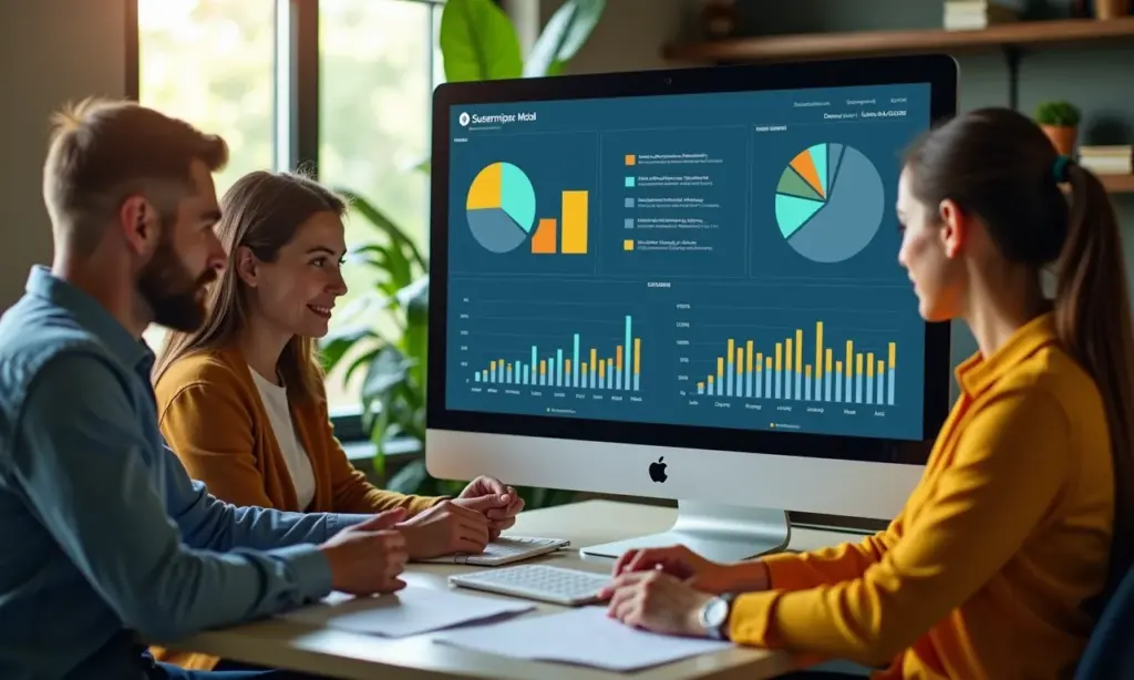 Economia da Recorrencia Modelos de Assinatura para Ecommerce Equipe diversa analisando dados de crescimento de assinaturas em um painel digital vibrante.