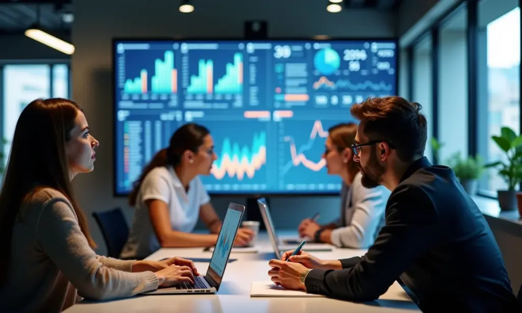 Automação de Marketing Preditiva em SP Antecipe Comportamentos Equipe diversa analisando dashboards de automação de marketing preditiva em SP.