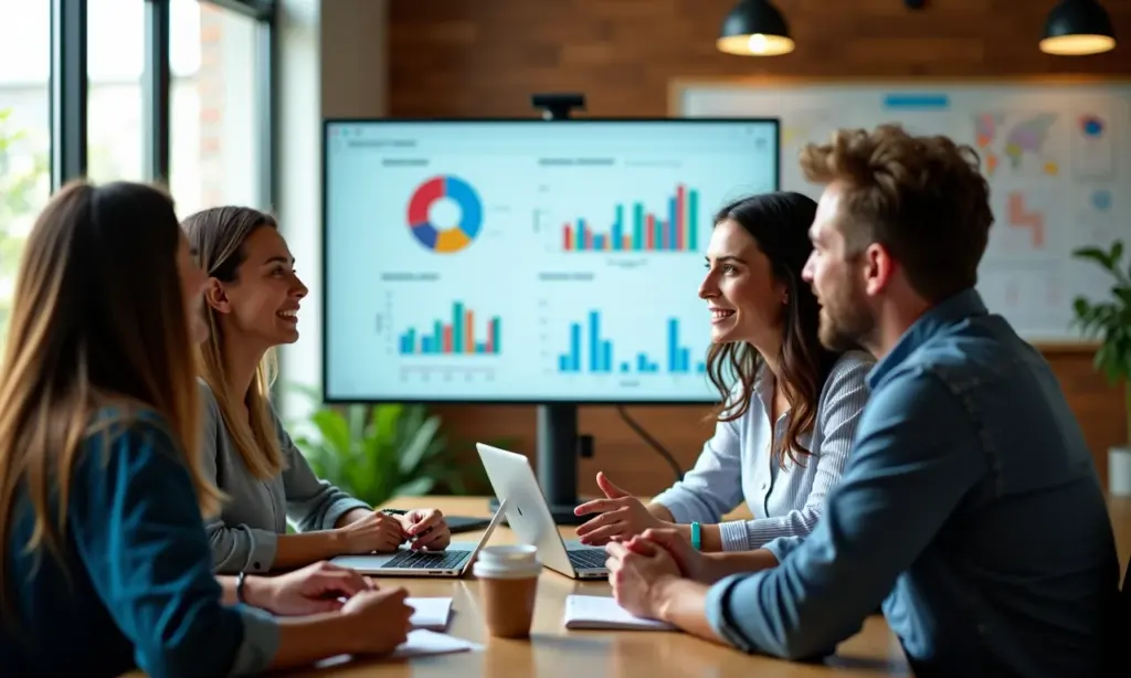 Personalização Avançada Com Análise de Comportamento de Usuários Logados IA Equipe diversa analisando dashboards de comportamento do usuário impulsionados por IA.