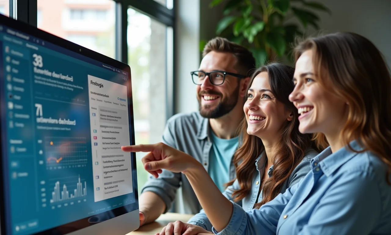 Equipe diversa analisando métricas de SEO com foco na estrutura de URLs amigáveis.