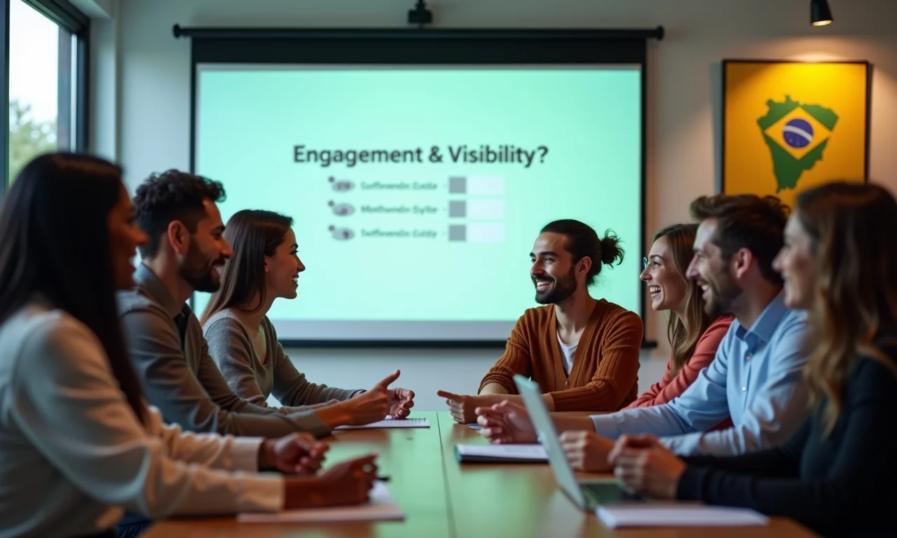 Equipe diversa analisando resultados de quiz projetados em tela.