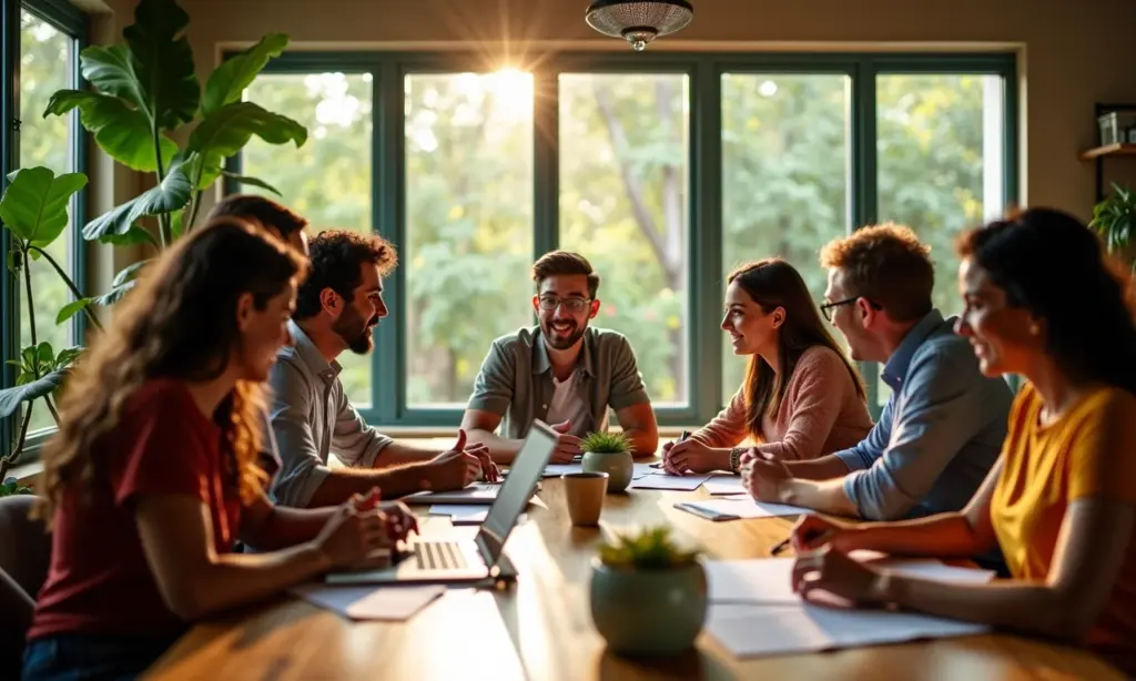 Qual O Melhor Formato de Conteúdo Para Engajar Sua Audiência Equipe diversa brainstormando ideias de conteúdo em escritório vibrante com design brasileiro.