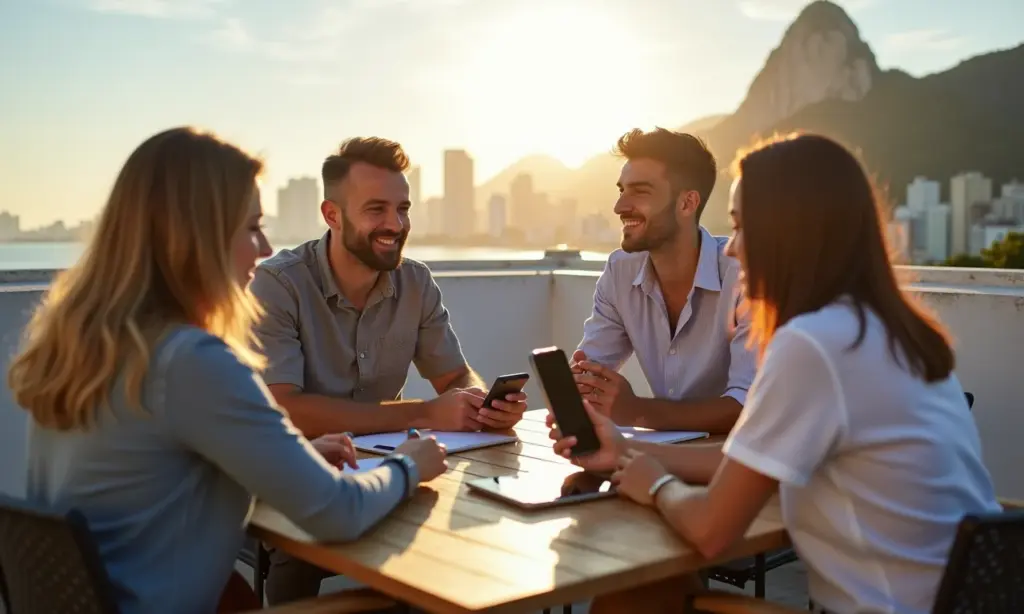 Equipe diversa colaborando em estratégias de mobile marketing para e-commerce no Rio de Janeiro.