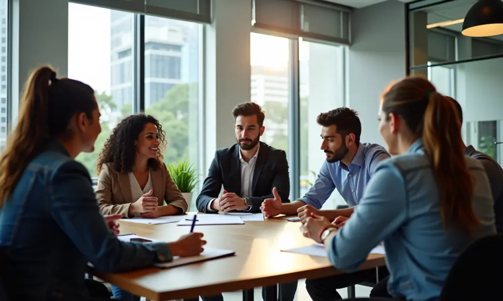 Gestão do Conhecimento em SP Valorize sua Informação Equipe diversa colaborando em gestão do conhecimento em escritório moderno em SP.