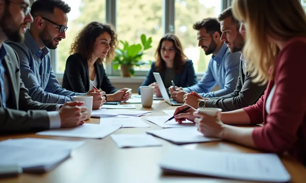 Como Criar um Bom Briefing para Campanhas com Influenciadores Digitais Equipe diversa colaborando em um briefing de campanha com influenciadores.