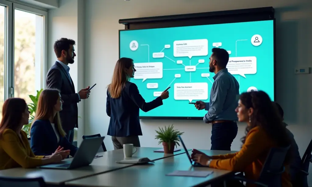 Torne Seus Chatbots Mais Inteligentes e Eficazes Com IA Equipe diversa colaborando para otimizar chatbots com IA.