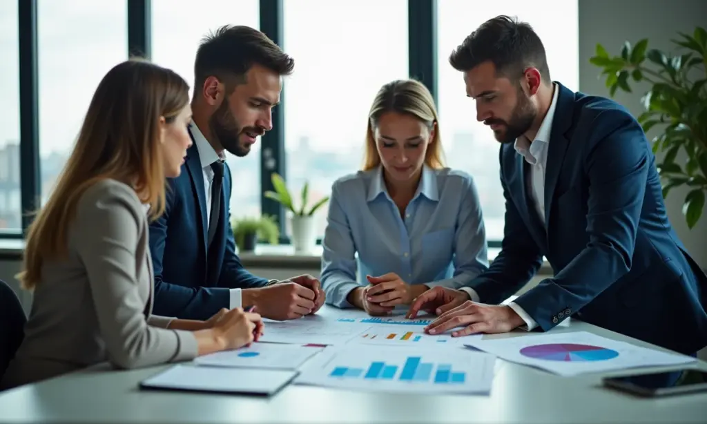 Gerente de Finanças Corporativas Responsabilidades e Desafios Equipe diversa de gerentes financeiros corporativos trabalhando juntos em escritório moderno.