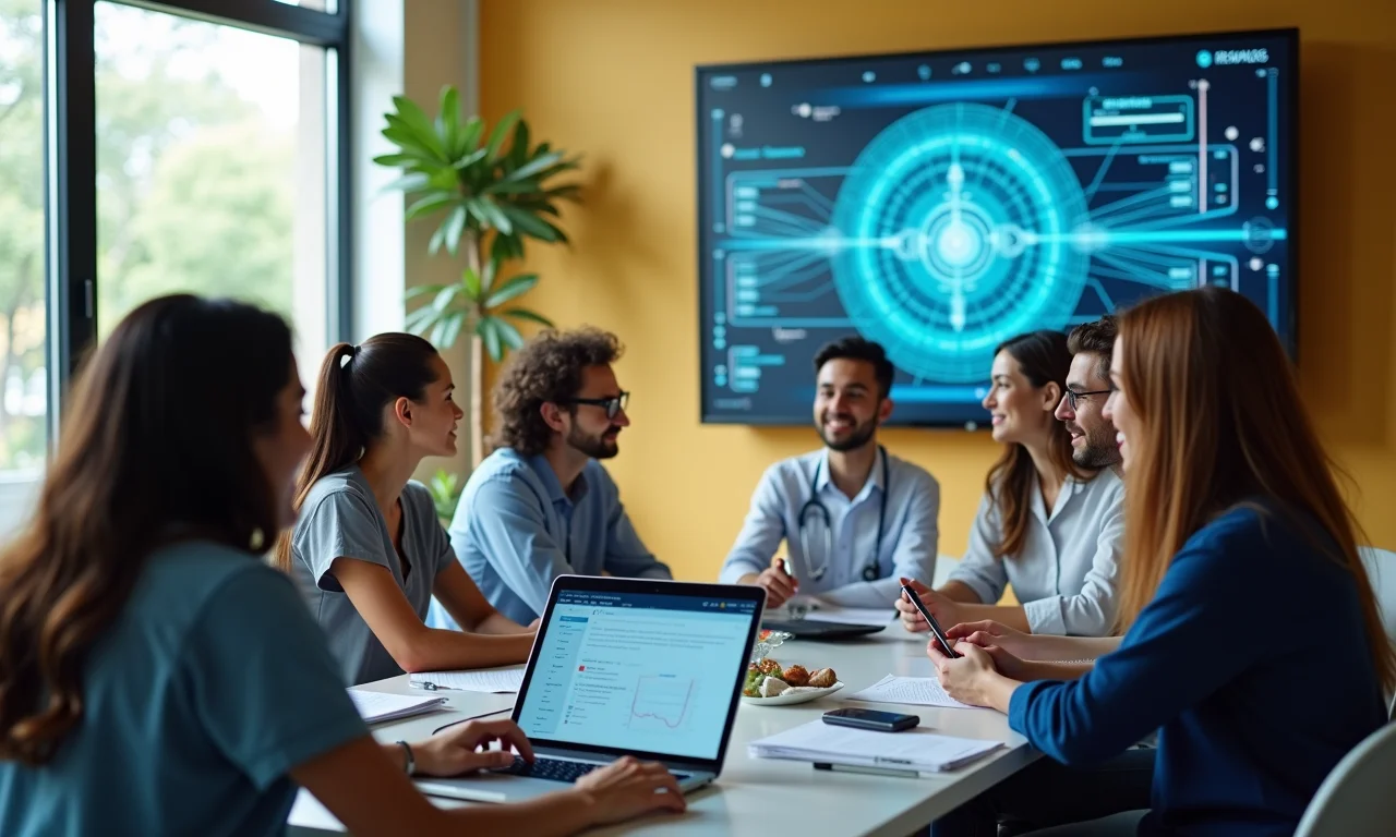 Equipe diversa de healthtech discutindo considerações éticas sobre diagnósticos com IA, com arte brasileira nas paredes, enfatizando responsabilidade na inovação.