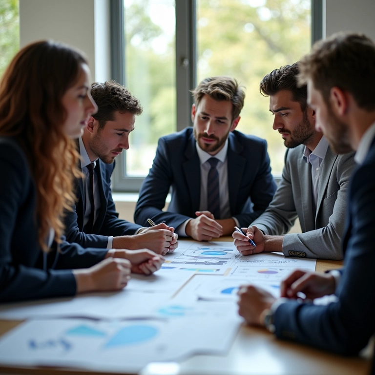 Equipe diversa de negócios reunida, analisando relatórios financeiros e tomando decisões baseadas em dados.