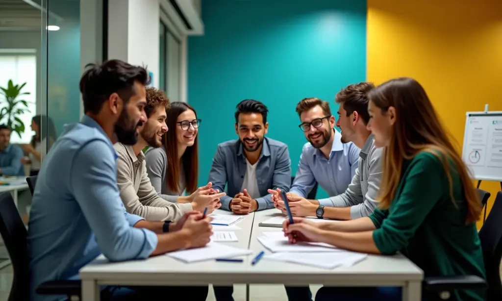 Equipe diversa discutindo estratégias de anúncios online em escritório vibrante.