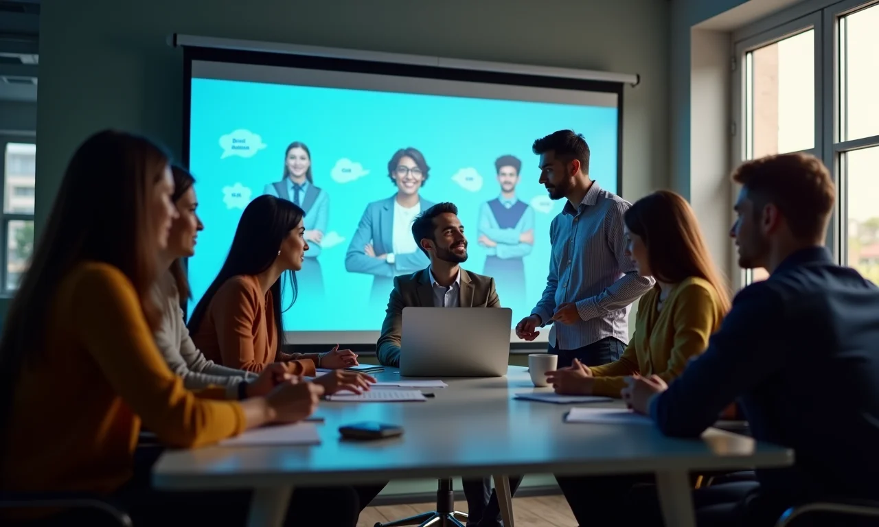 Equipe diversa em brainstorming com IA, representando a colaboração no mercado de trabalho.