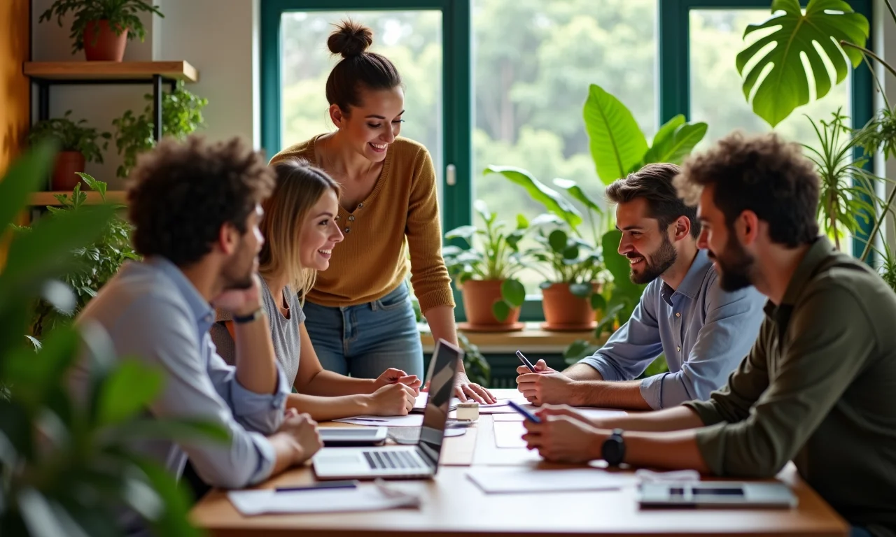 Equipe diversa em brainstorming em um escritório vibrante, demonstrando os benefícios da resiliência proativa.