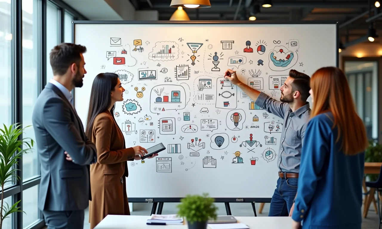Equipe diversa em brainstorming para ideias inovadoras.