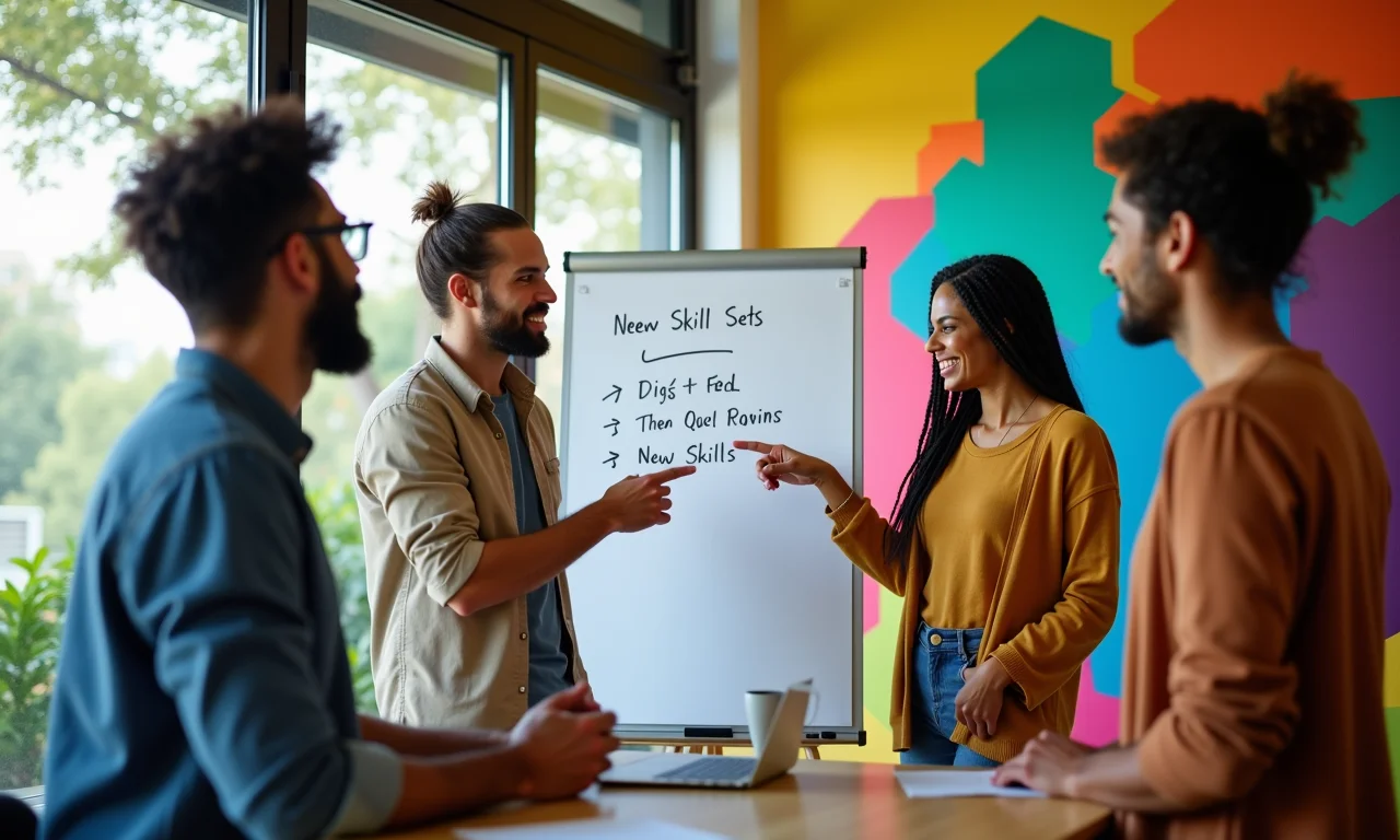 Equipe diversa em brainstorming para novas habilidades.