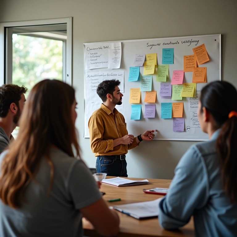 Equipe diversa em retrospectiva Scrum analisando o processo.