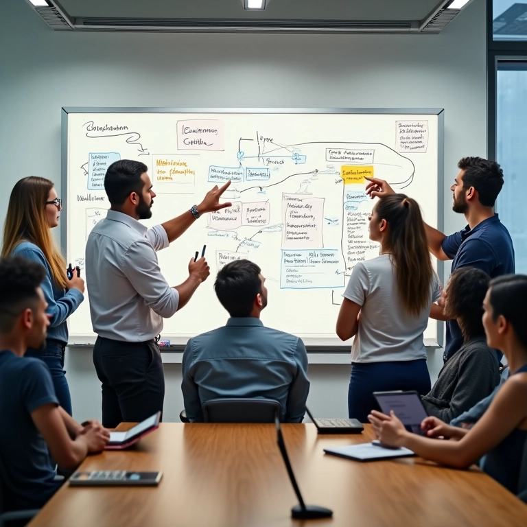 O Que É A Jornada de Compra do Cliente Mapeando Cada Etapa Equipe diversa mapeando a jornada do cliente em um quadro branco colaborativamente.