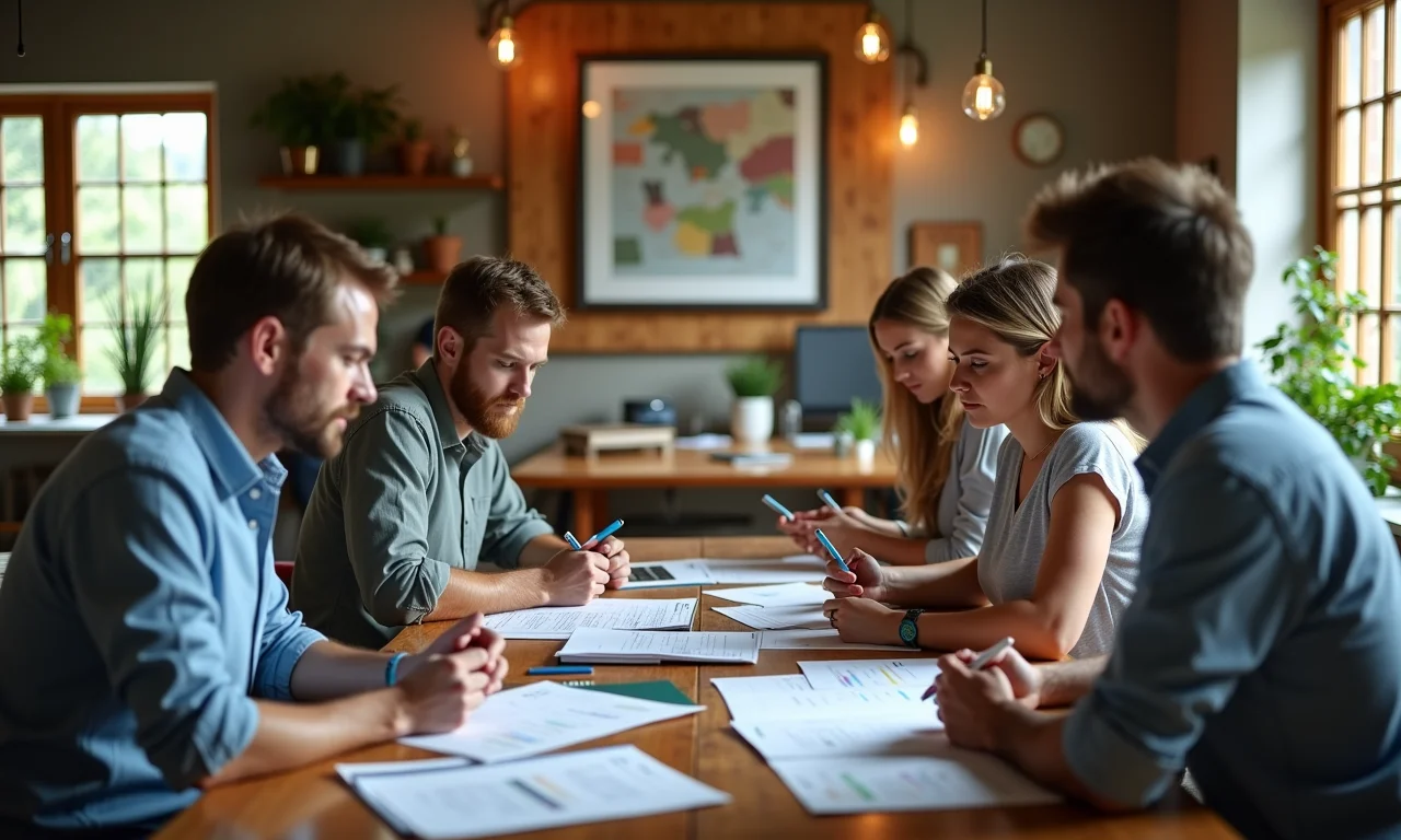 Equipe diversa planejando finanças em espaço de co-working vibrante.