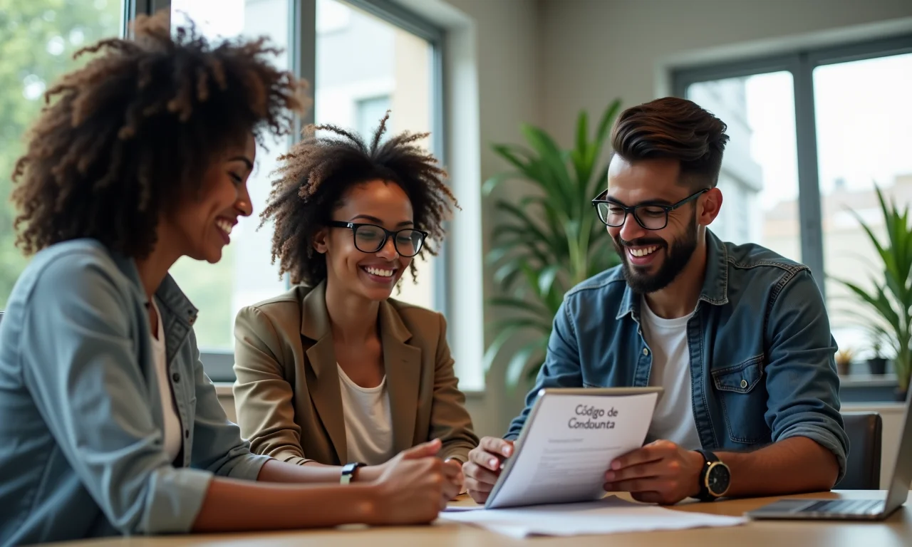 Equipe diversa revisando o código de conduta em escritório moderno em SP.
