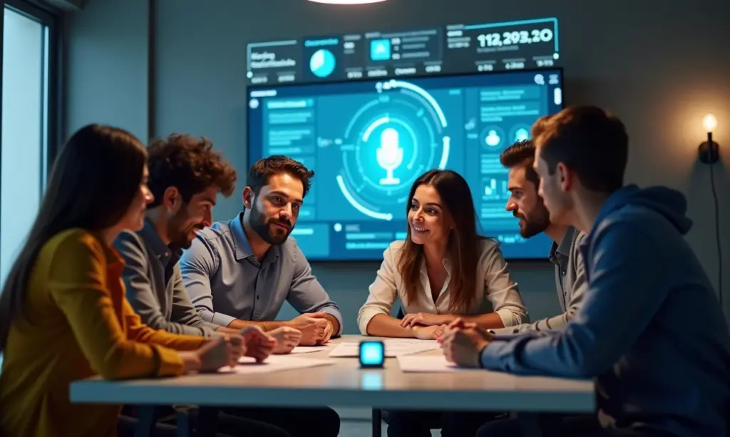 Desenvolva um Assistente de Voz Para Sua Marca Ecommerce Com IA Equipe diversa trabalhando em assistente de voz para e-commerce.