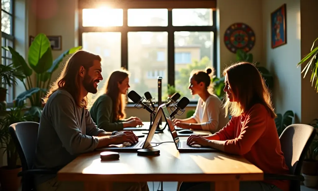 Como Criar um Podcast para Fortalecer a Marca do Seu Ecommerce Equipe diversa trabalhando remotamente em podcast para fortalecer marca de e-commerce.