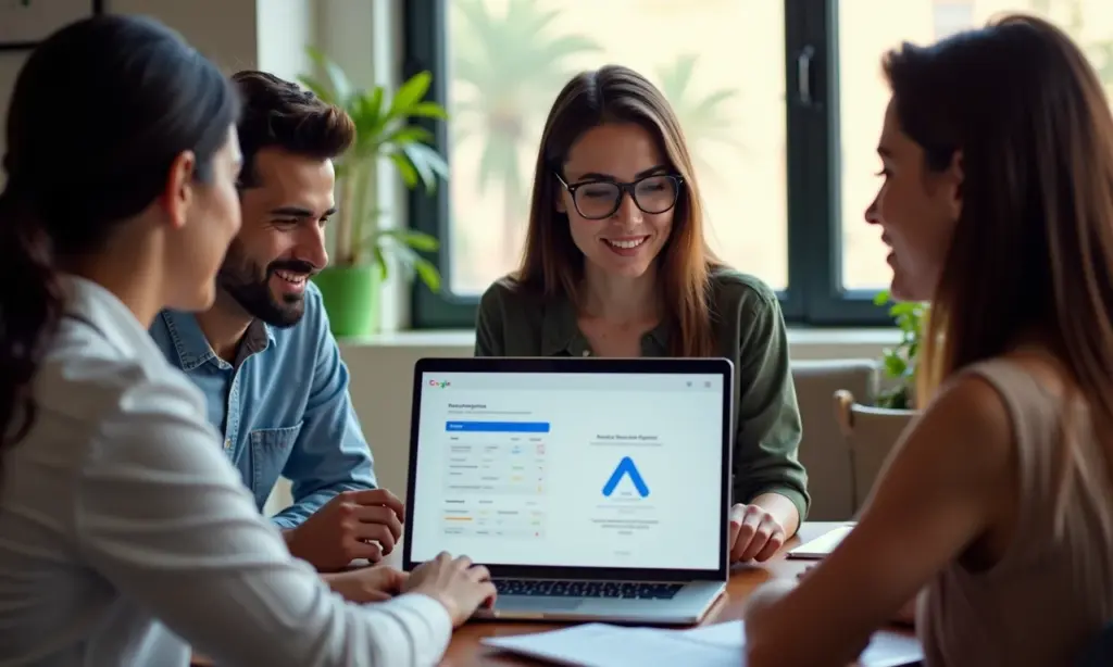 Como Usar O Google Forms Para Criar Pesquisas de Mercado Gratuitas Equipe diversificada analisando dados de pesquisa de mercado em laptop com Google Forms.