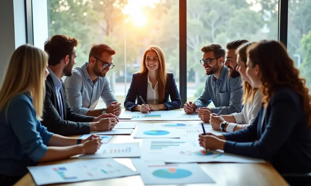 Quando Usar A Segmentação de Audiência Para Campanhas Mais Eficazes Equipe diversificada analisando dados de segmentação de audiência em reunião.