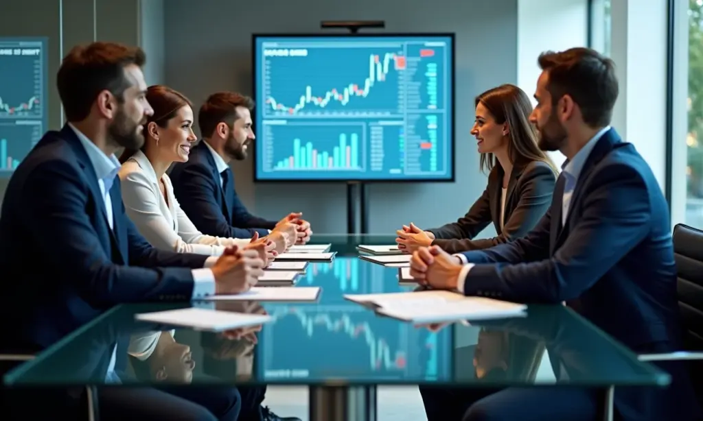 Governança e Finanças Corporativas Melhores Práticas Equipe diversificada colaborando em torno de uma mesa moderna, com gráficos financeiros projetados.