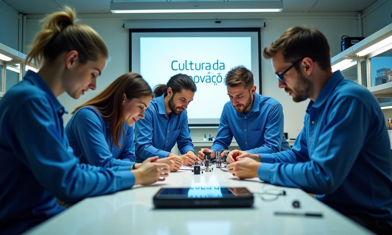 Equipe trabalhando em um protótipo em um laboratório com o banner 'Cultura da Inovação'.