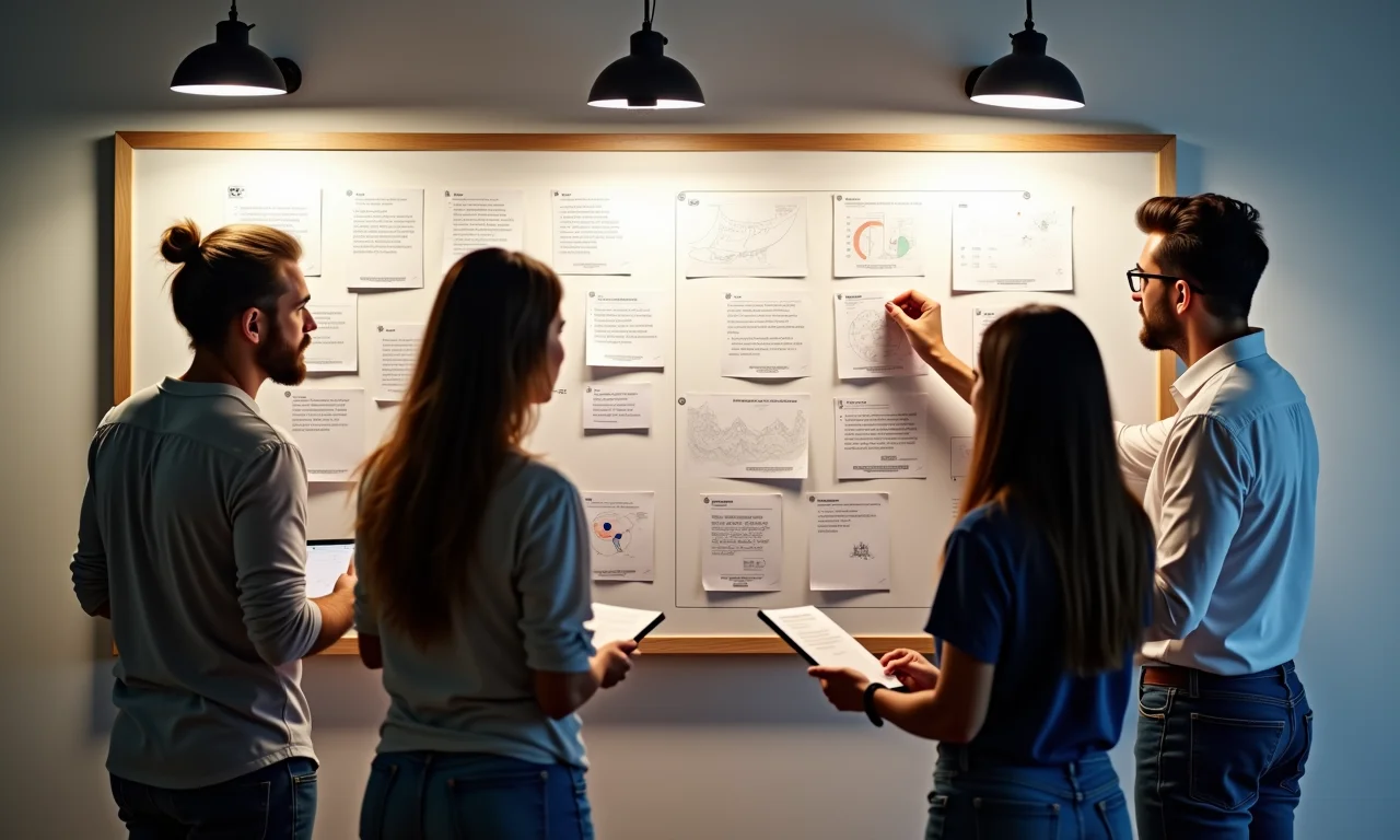 Equipe UX definindo metas claras com quadro Kanban em escritório brasileiro.