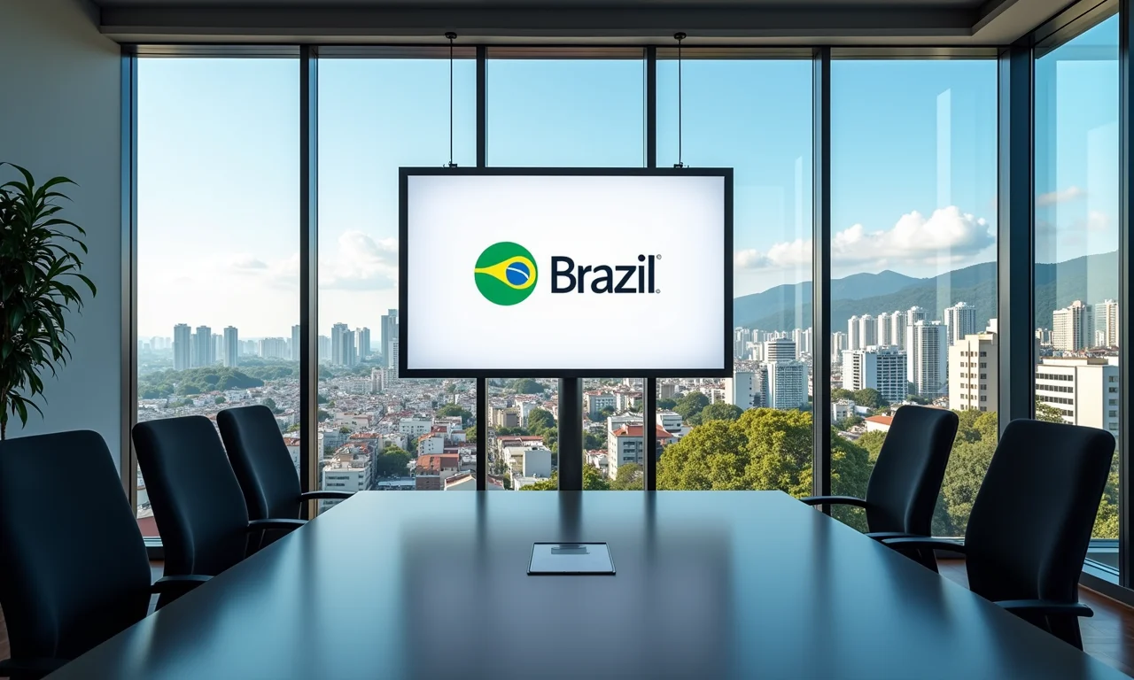 Escritório moderno com vista para a cidade brasileira e logo da marca.