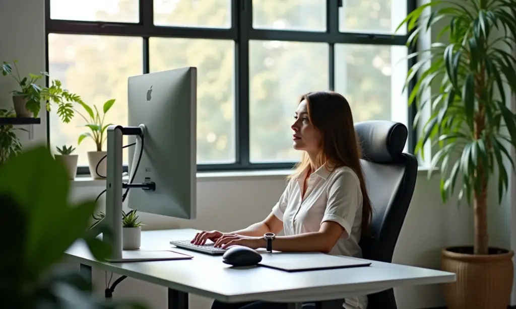 Ergonomia no Escritório em SP Melhore seu Conforto Escritório moderno e ergonômico em São Paulo com iluminação natural e design brasileiro.