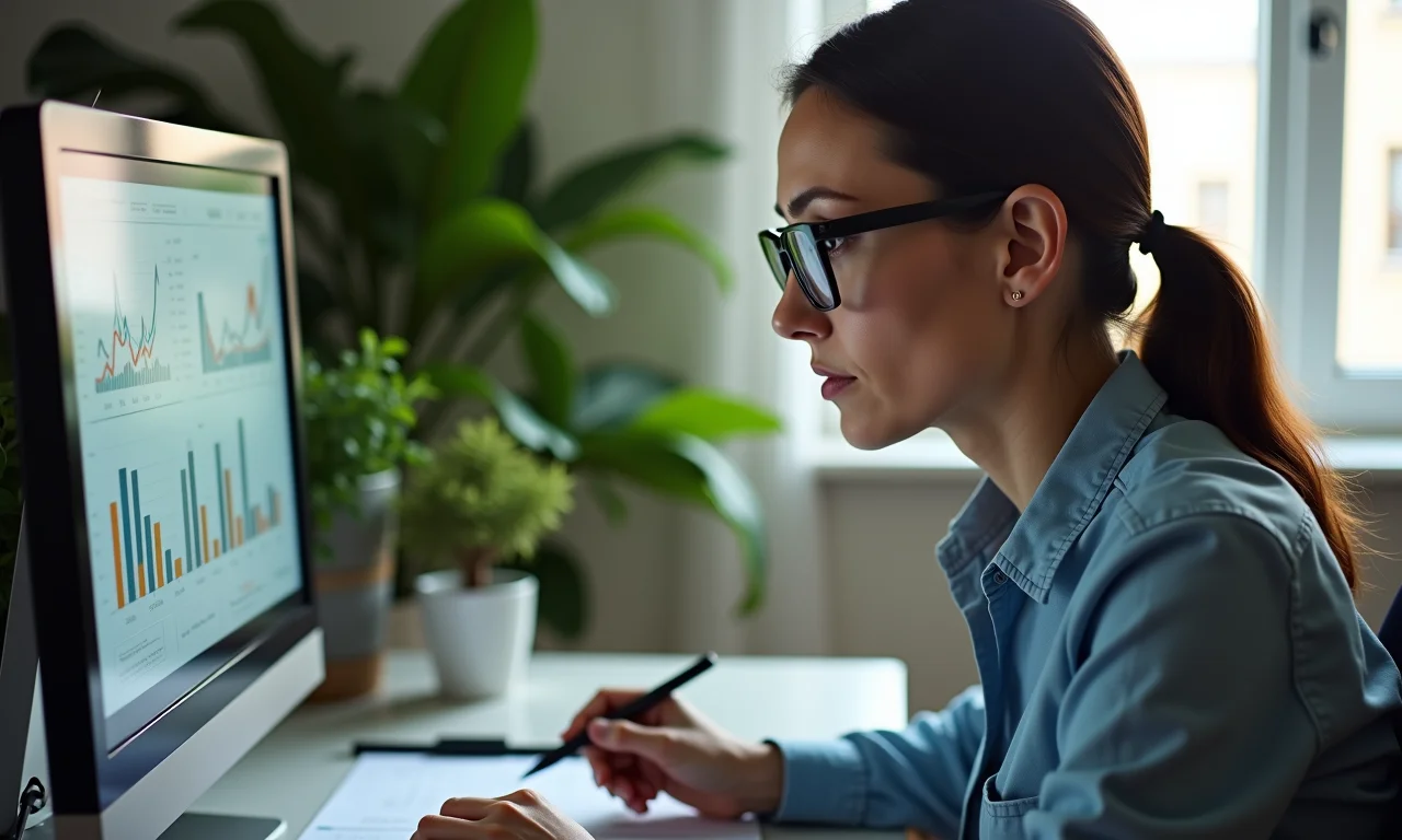 Especialista financeira analisando dados em um monitor.