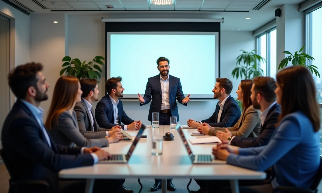 Evento corporativo em São Paulo com equipe diversa em sala de conferência.
