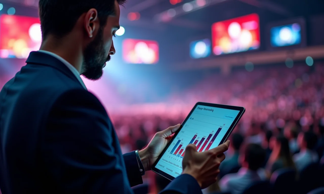 Executivo analisa dados de e-sports com arena ao fundo.