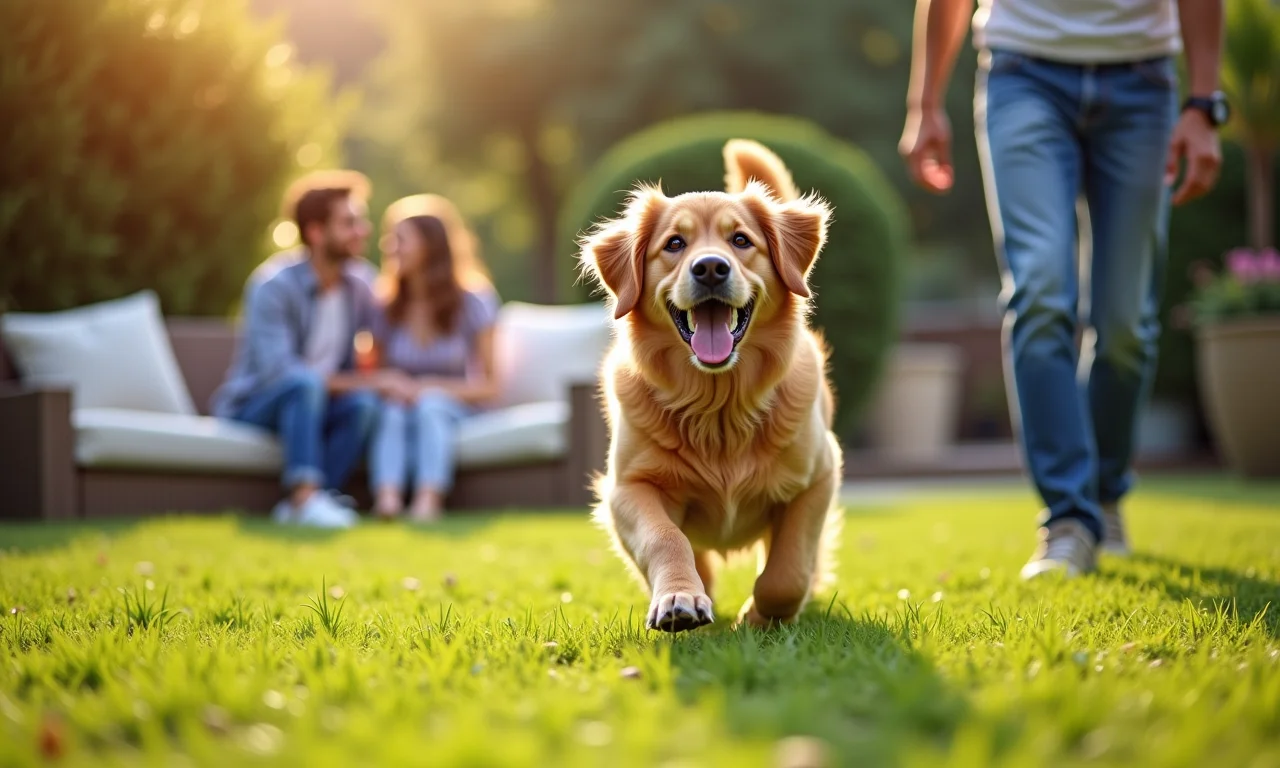 Família e cachorro brincando em pousada pet-friendly